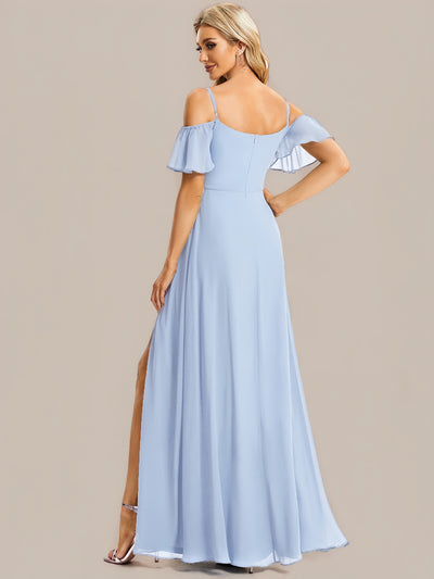 Off Shoulder High Slit Chiffon Flowy Bridesmaid Dress #color_Ice Blue