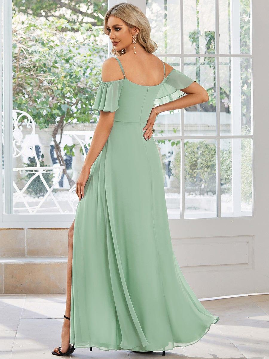 Stylish Cold Shoulder Flare Sleeves Flowy Bridesmaid Dress #color_Mint Green