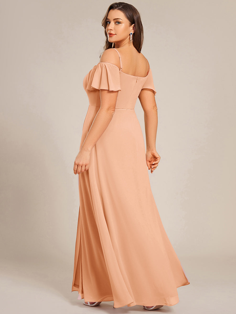 Stylish Cold Shoulder Flare Sleeves Flowy Bridesmaid Dress #color_Peach