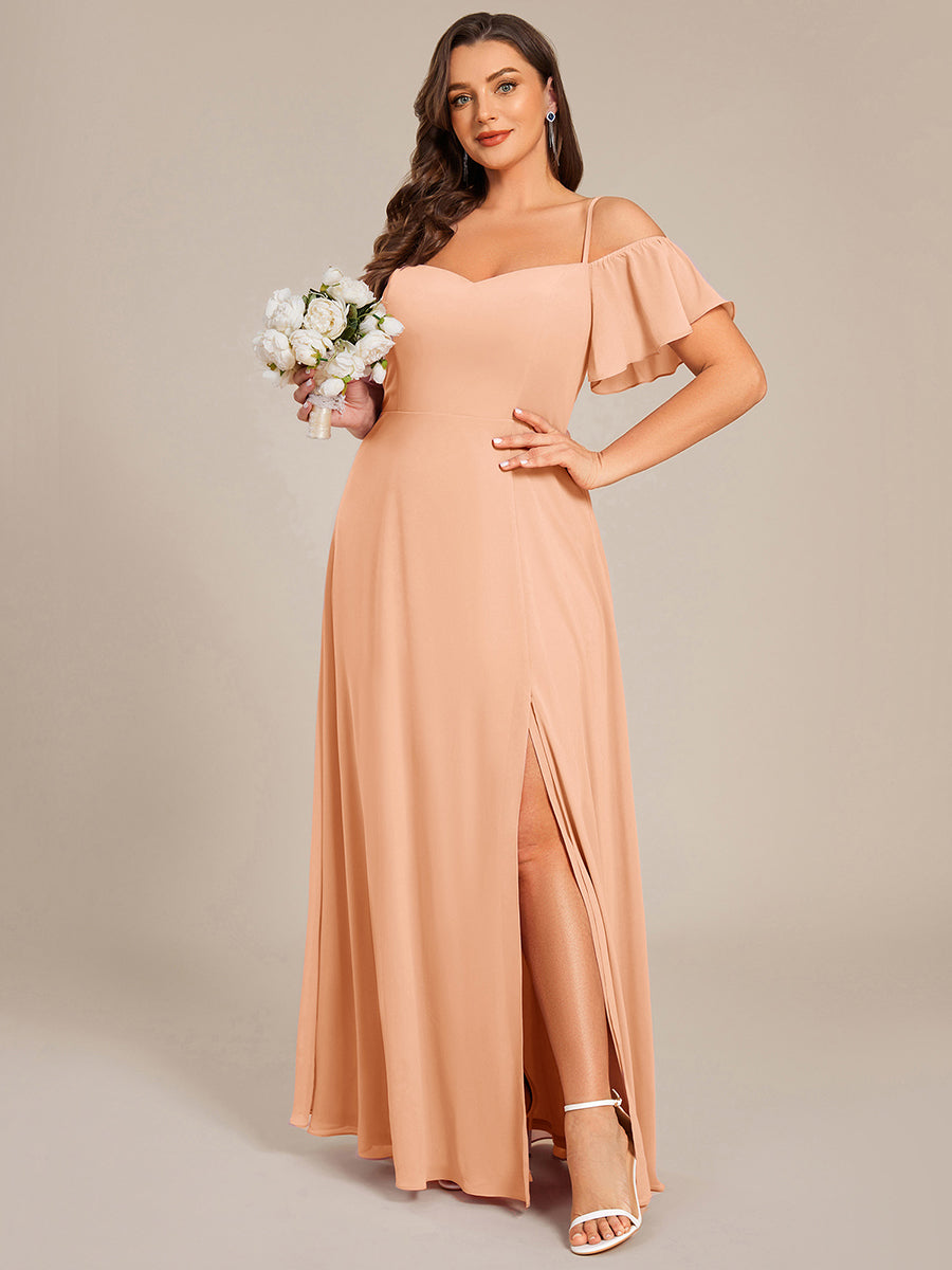 Stylish Cold Shoulder Flare Sleeves Flowy Bridesmaid Dress #color_Peach