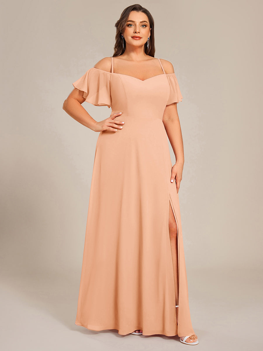 Stylish Cold Shoulder Flare Sleeves Flowy Bridesmaid Dress #color_Peach