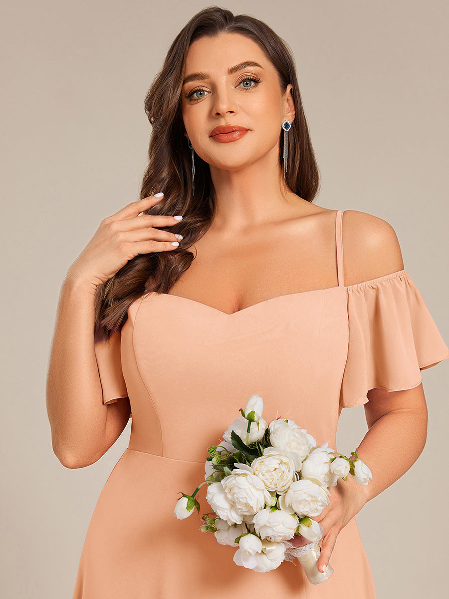 Stylish Cold Shoulder Flare Sleeves Flowy Bridesmaid Dress #color_Peach