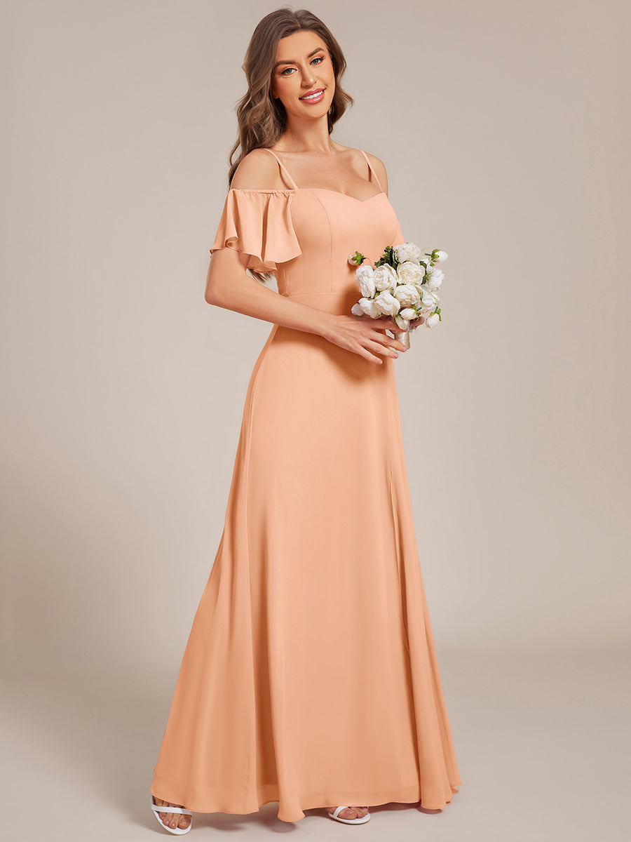 Stylish Cold Shoulder Flare Sleeves Flowy Bridesmaid Dress #color_Peach