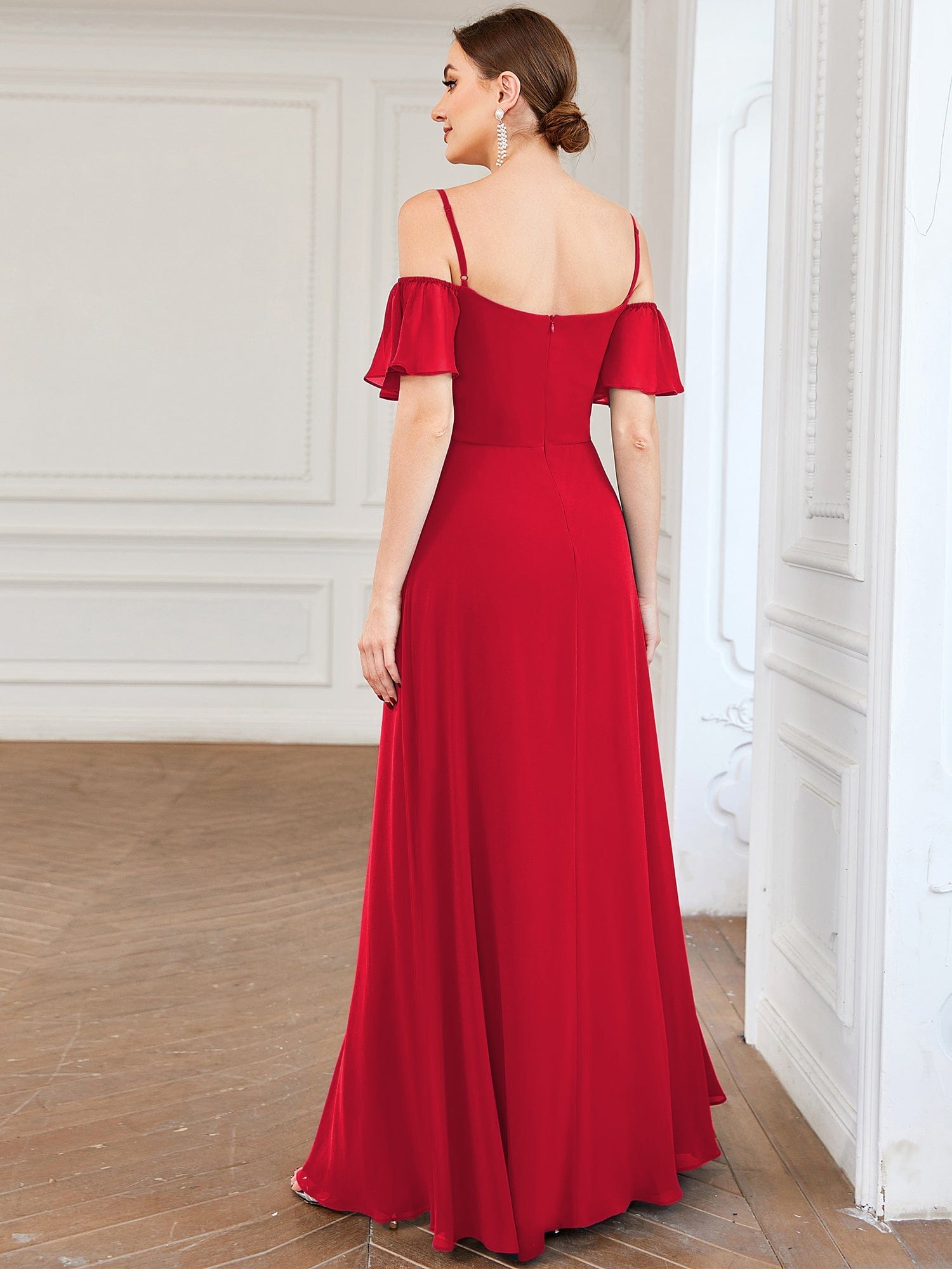 ever REYA|Off Shoulder High Slit Chiffon Flowy Bridesmaid Dress