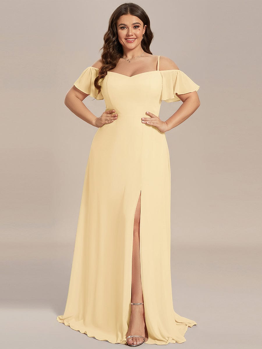 Plus Size Cold Shoulder Formal Bridesmaid Dress with Side Slit #color_Yellow