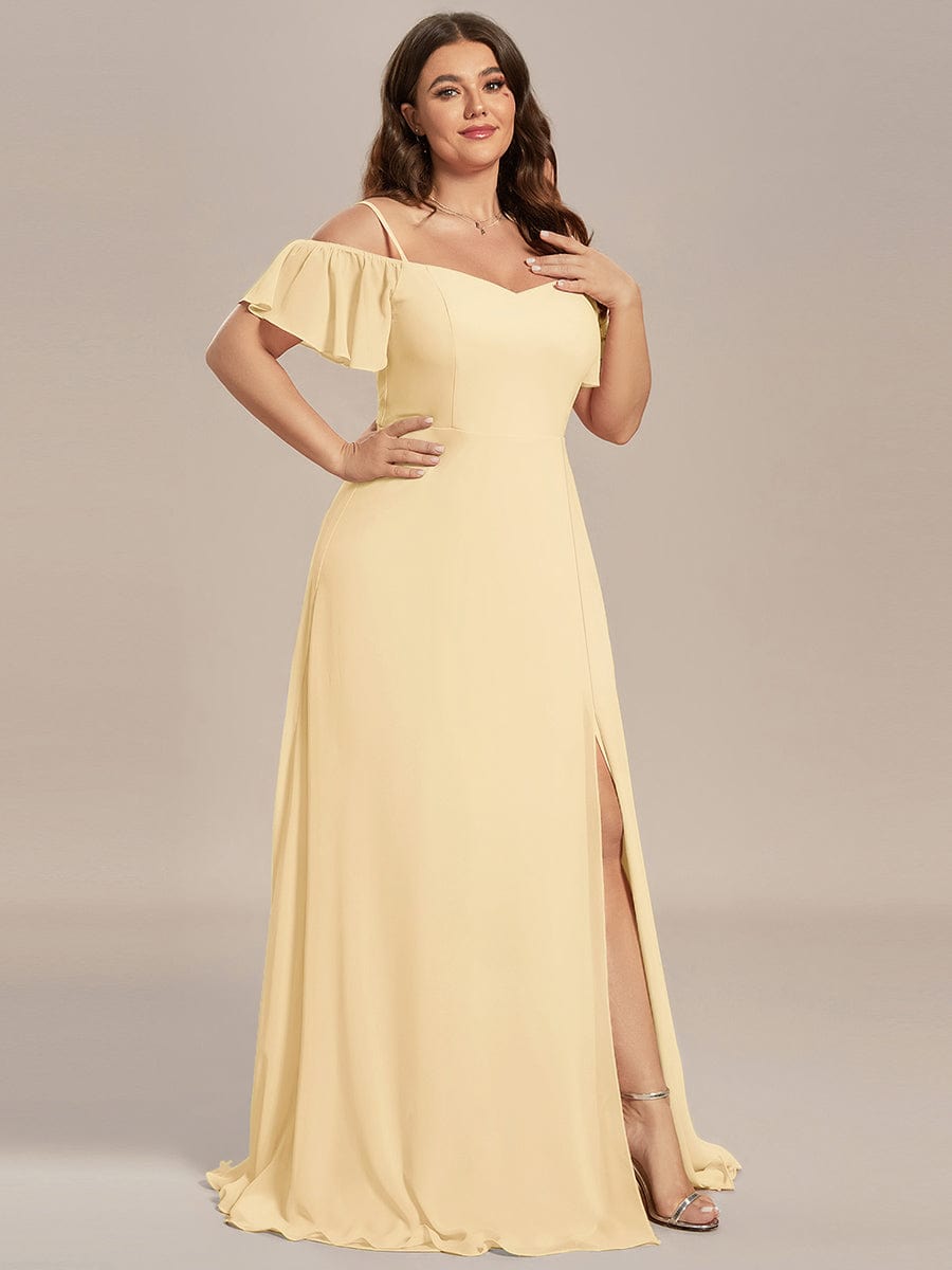 Plus Size Cold Shoulder Formal Bridesmaid Dress with Side Slit #color_Yellow