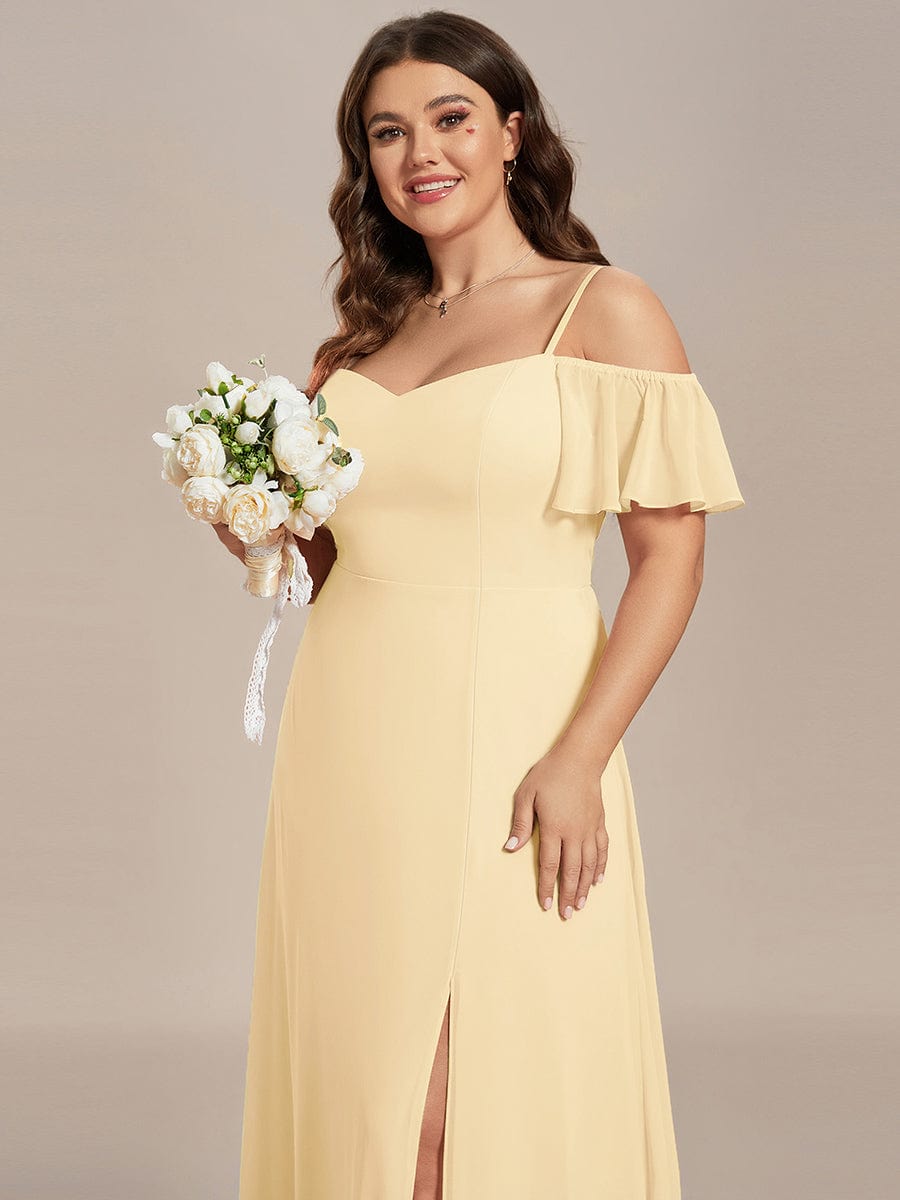 Plus Size Cold Shoulder Formal Bridesmaid Dress with Side Slit #color_Yellow