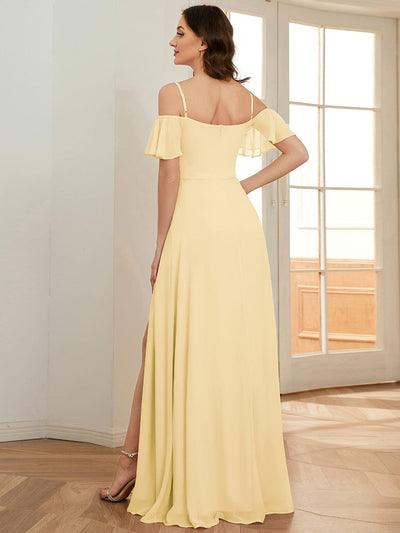 Off Shoulder High Slit Chiffon Flowy Bridesmaid Dress #color_Yellow