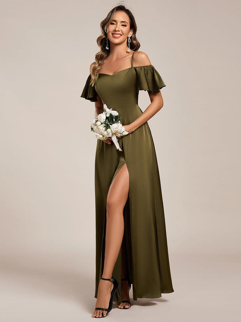 Elegant Stormy Satin A-Line One Shoulder Back Zip Ankle-Length Bridesmaid Dress main image 0