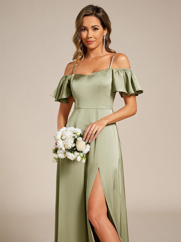 Elegant Stormy Satin A-Line One Shoulder Back Zip Ankle-Length Bridesmaid Dress main image 1