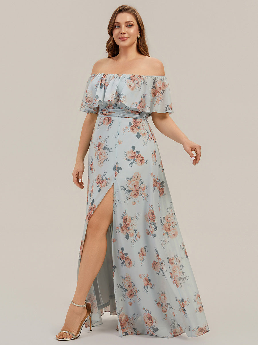 Off the Shoulder Ruffle Bodice Long Flowy Chiffon Bridesmaid Dress #color_Amber Bloom