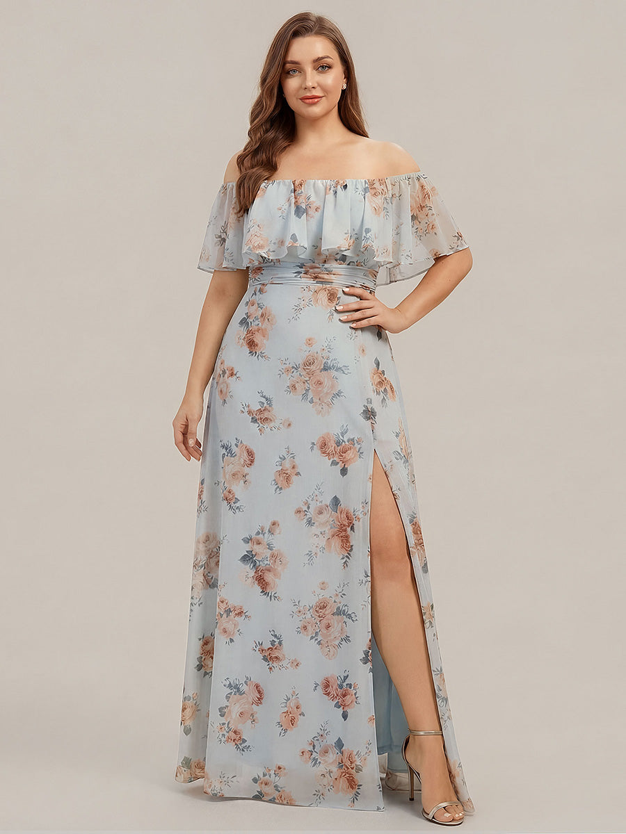 Plus Size Off the Shoulder Formal Bridesmaid Dress with Thigh Split #color_Amber Bloom