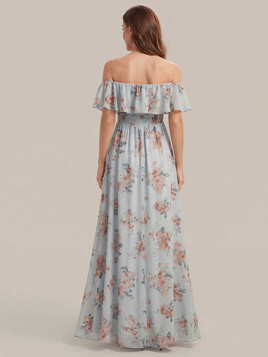 Off the Shoulder Ruffle Bodice Long Flowy Chiffon Bridesmaid Dress #color_Amber Bloom
