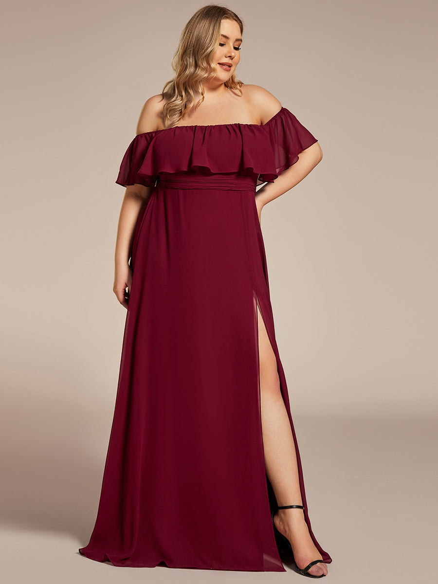 Plus Size Off the Shoulder Formal Bridesmaid Dress with Thigh Split #color_Burgundy