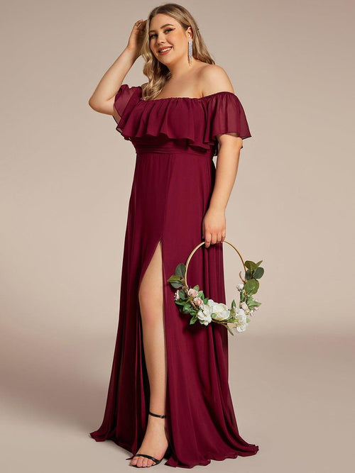 A-Line Off-the-Shoulder Sleeveless Ruched Long Chiffon Plus Size Bridesmaid Dresses with Split Side