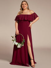 Plus Size Off the Shoulder Formal Bridesmaid Dress with Thigh Split #color_Burgundy 