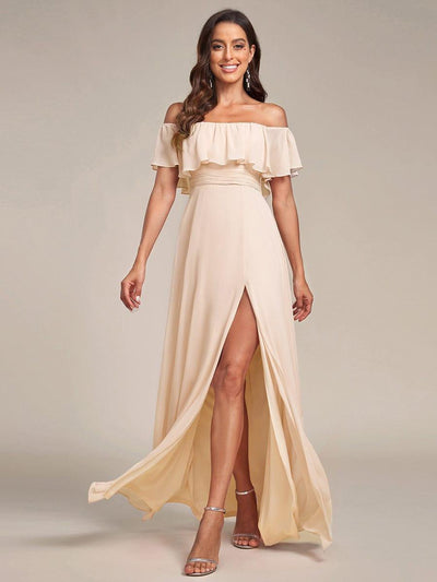 Off the Shoulder Ruffle Bodice Long Flowy Chiffon Bridesmaid Dress #color_Blush