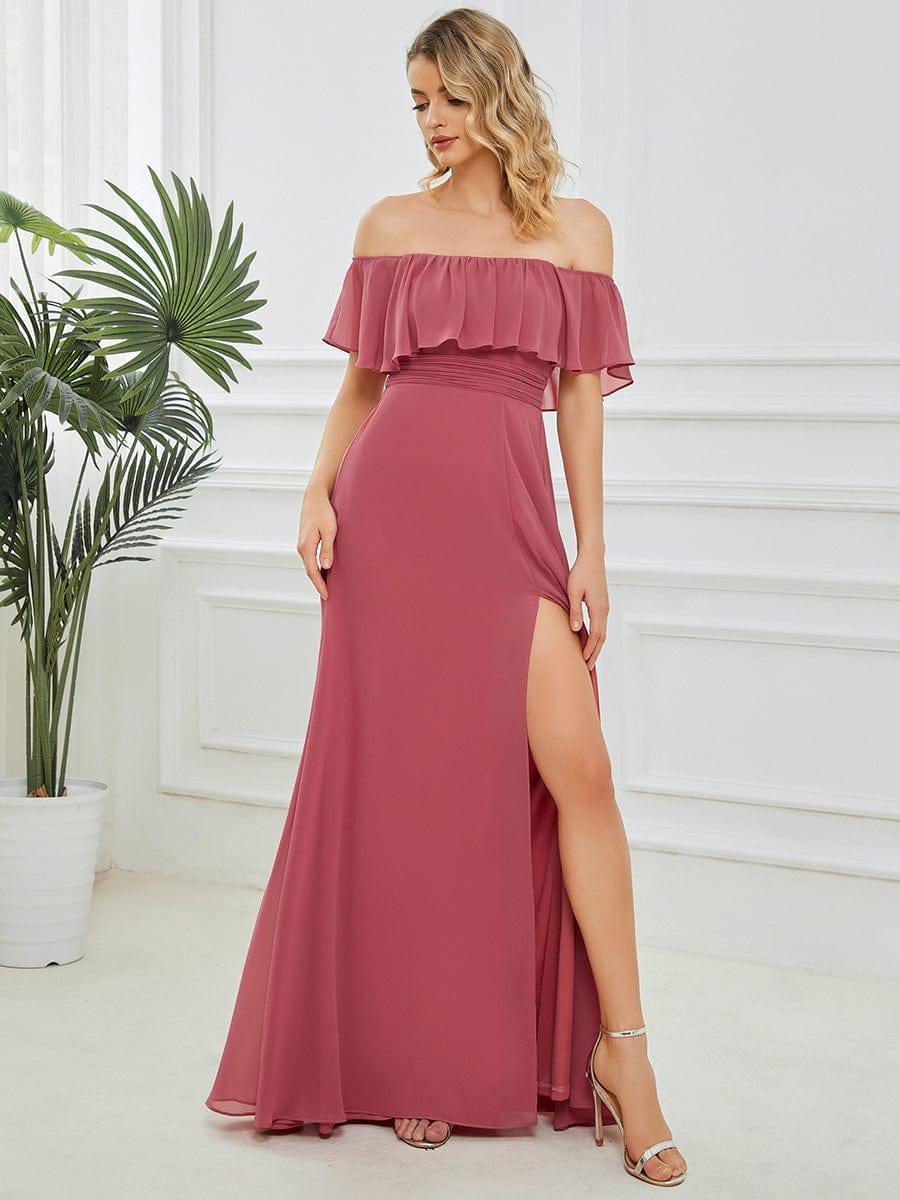 Women's Off Shoulder Ruffle Thigh Split Bridesmaid Dresses #color_Cameo Brown