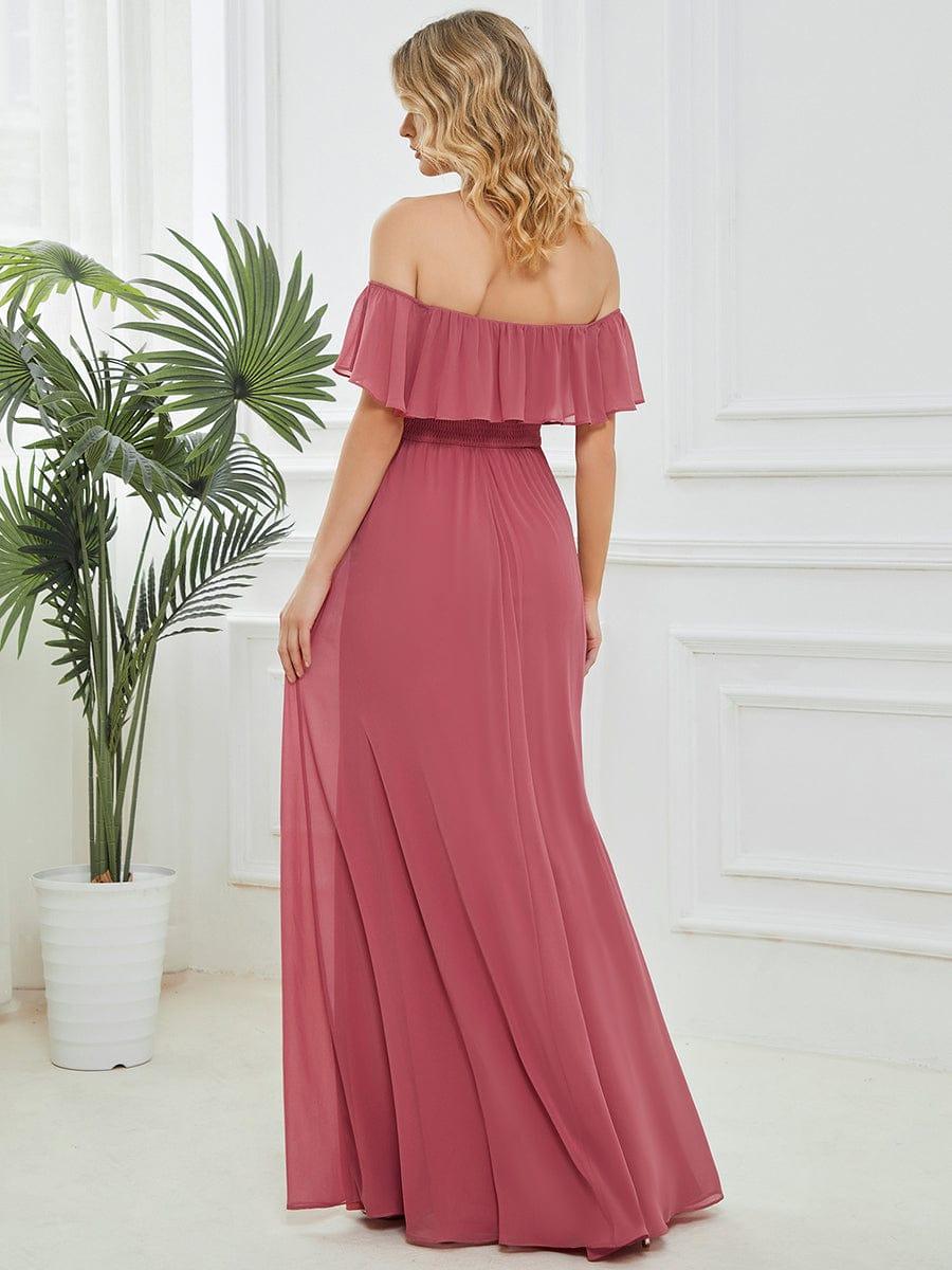 Women's Off Shoulder Ruffle Thigh Split Bridesmaid Dresses #color_Cameo Brown