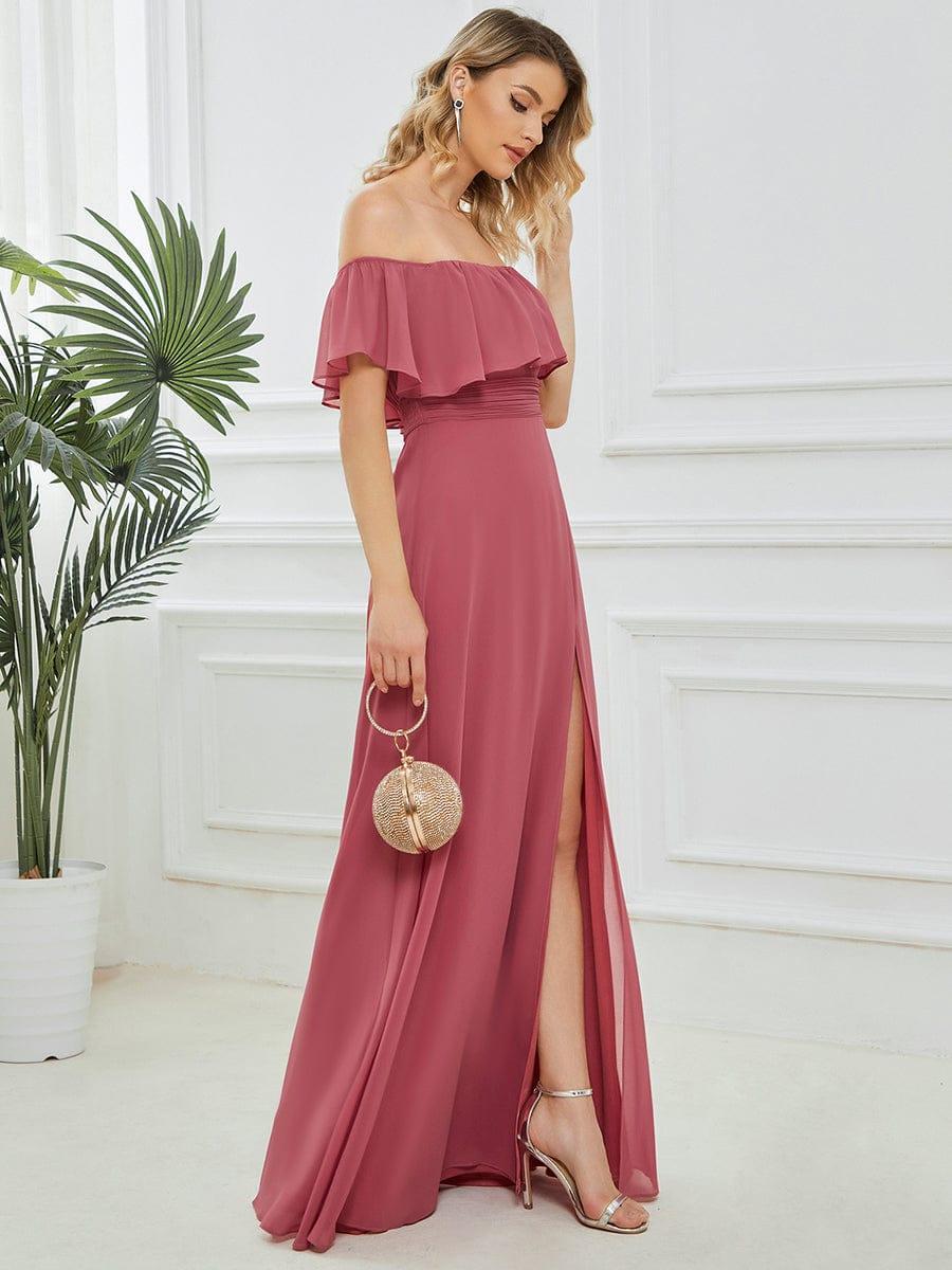 Women's Off Shoulder Ruffle Thigh Split Bridesmaid Dresses #color_Cameo Brown