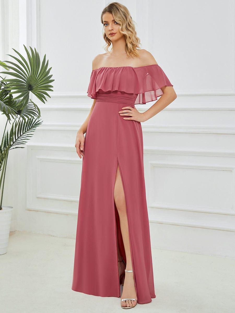 Women's Off Shoulder Ruffle Thigh Split Bridesmaid Dresses #color_Cameo Brown