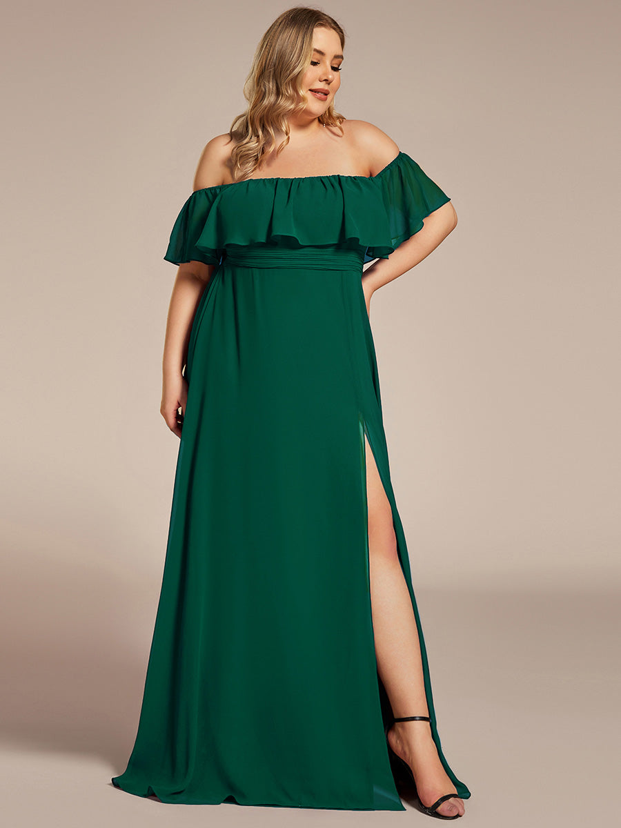 Plus Size Off the Shoulder Formal Bridesmaid Dress with Thigh Split #color_Dark Green