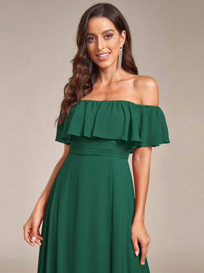 Off the Shoulder Ruffle Bodice Long Flowy Chiffon Bridesmaid Dress #color_Dark Green