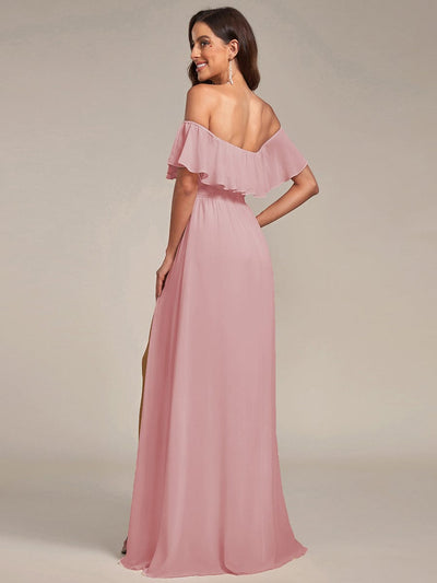 Off the Shoulder Ruffle Bodice Long Flowy Chiffon Bridesmaid Dress #color_Dusty Rose