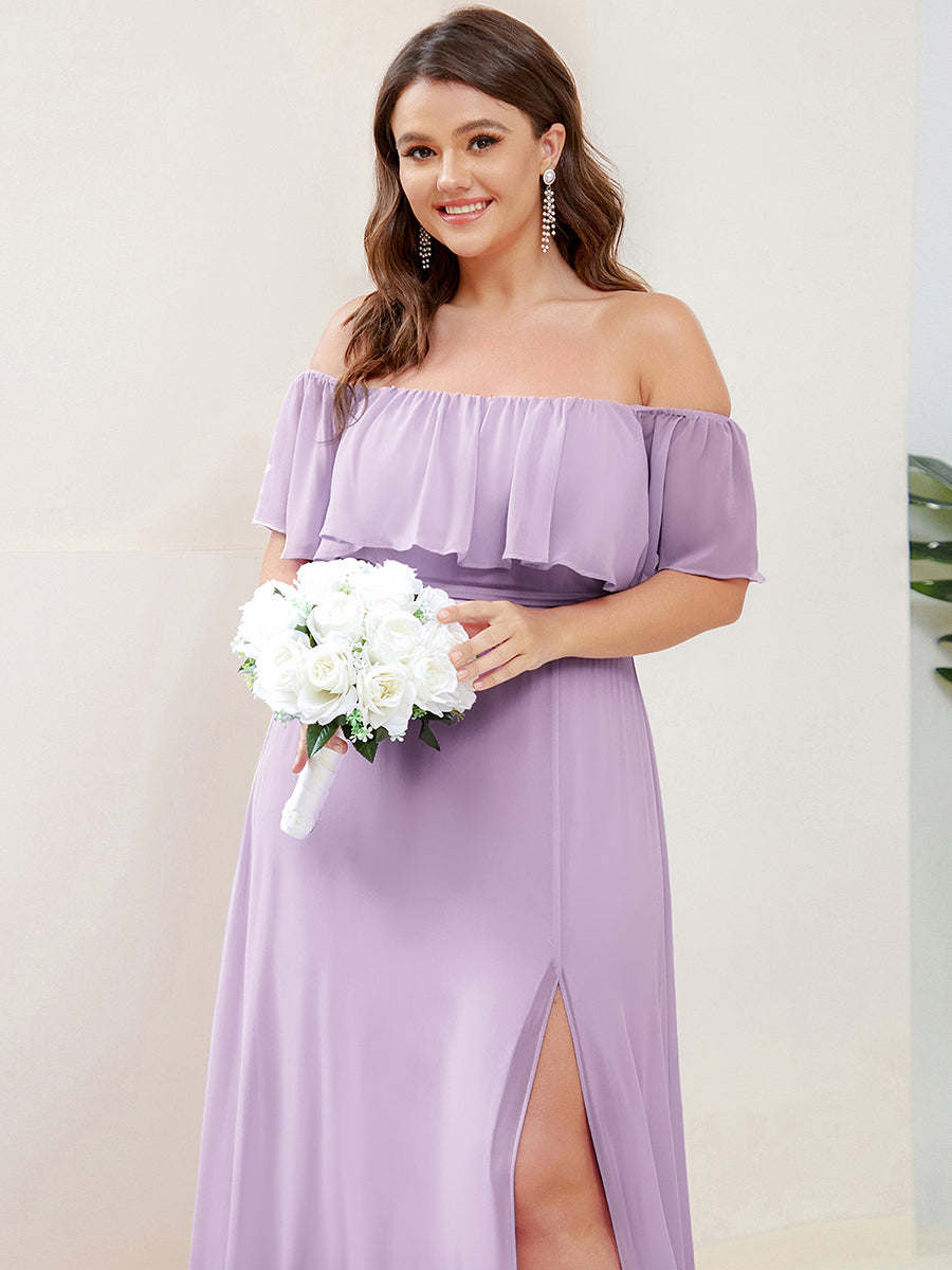 Plus Size Off the Shoulder Formal Bridesmaid Dress with Thigh Split #color_Frosted Lilac