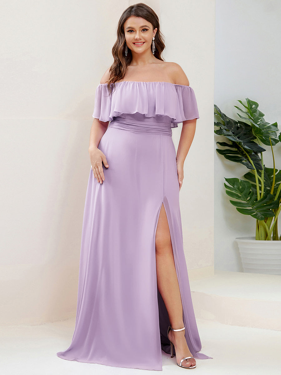 Plus Size Off the Shoulder Formal Bridesmaid Dress with Thigh Split #color_Frosted Lilac