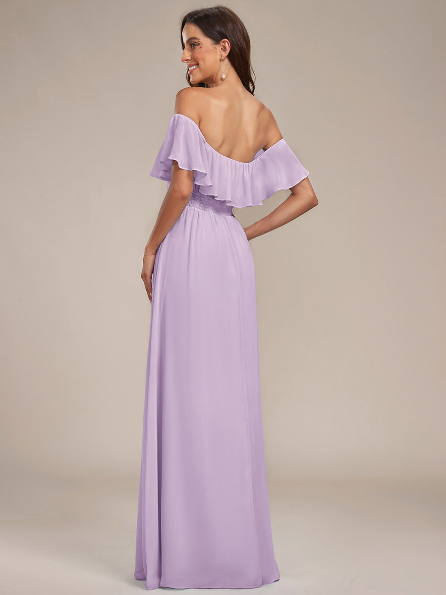 Off the Shoulder Ruffle Bodice Long Flowy Chiffon Bridesmaid Dress #color_Frosted Lilac