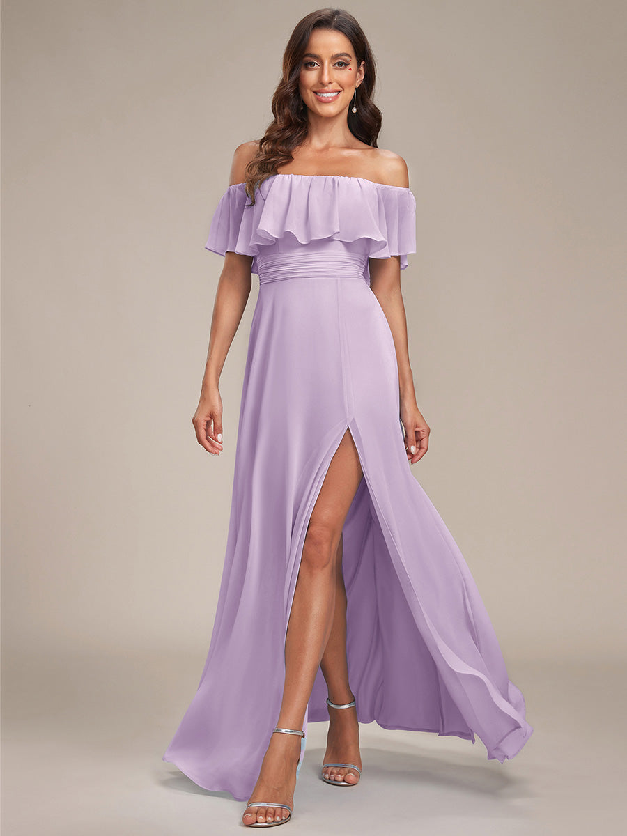 Off the Shoulder Ruffle Bodice Long Flowy Chiffon Bridesmaid Dress #color_Frosted Lilac