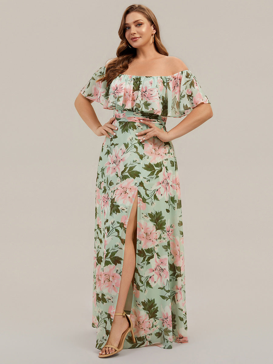 Plus Size Off the Shoulder Formal Bridesmaid Dress with Thigh Split #color_Light Green Floral