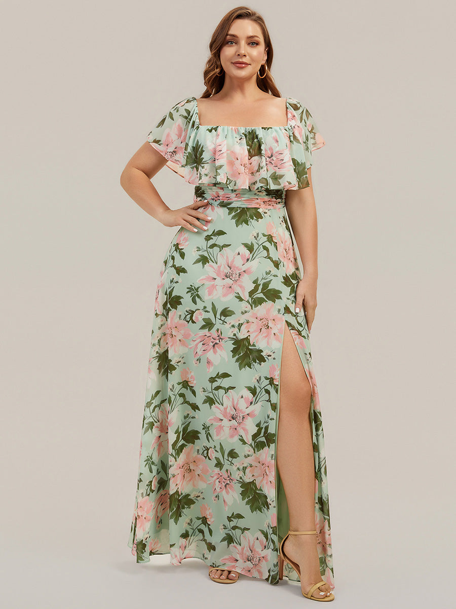 Plus Size Off the Shoulder Formal Bridesmaid Dress with Thigh Split #color_Light Green Floral