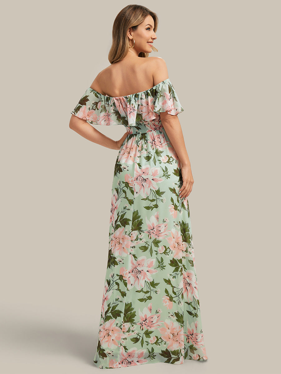 Off the Shoulder Ruffle Bodice Long Flowy Chiffon Bridesmaid Dress #color_Light Green Floral