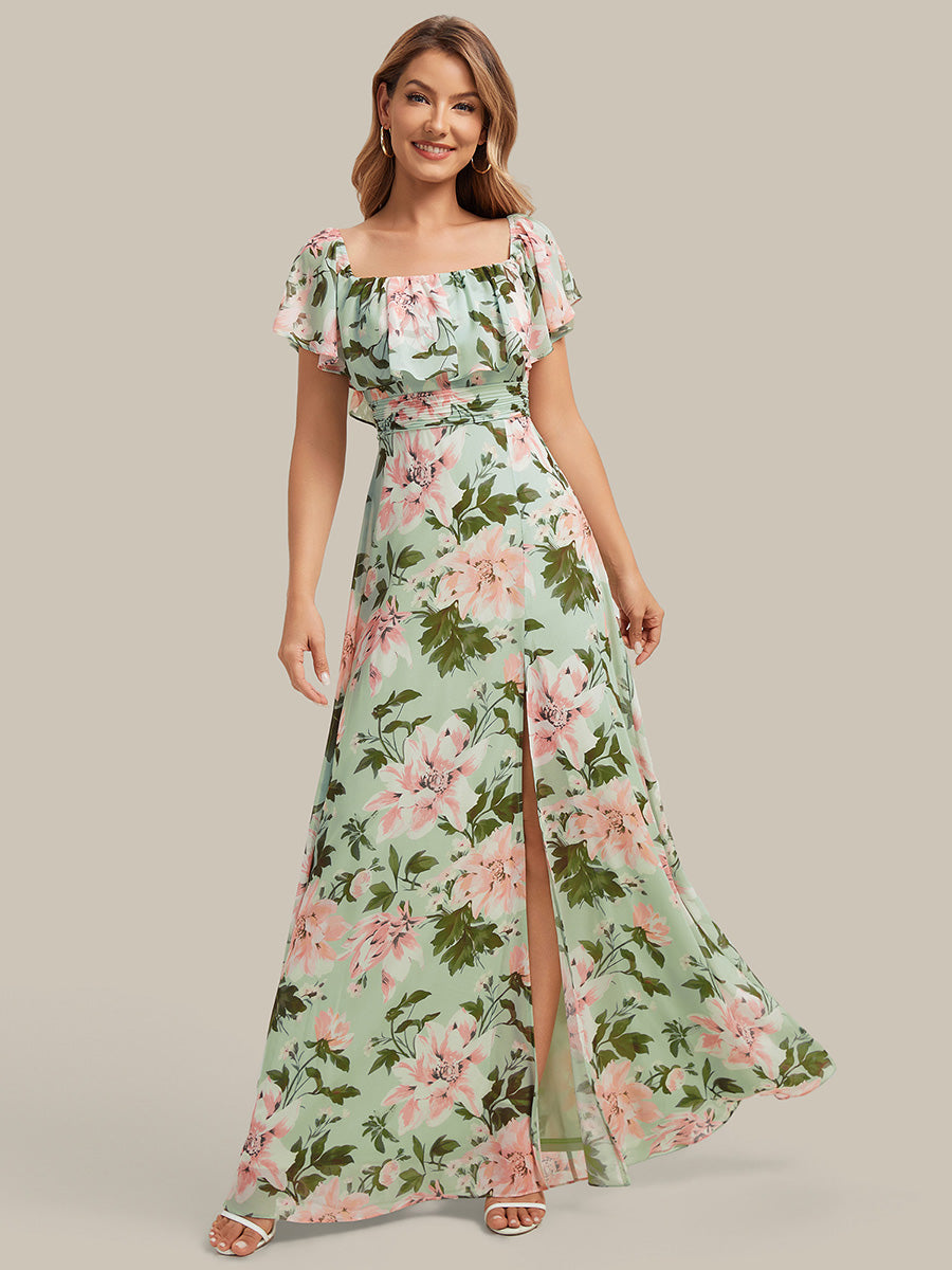 Off the Shoulder Ruffle Bodice Long Flowy Chiffon Bridesmaid Dress #color_Light Green Floral