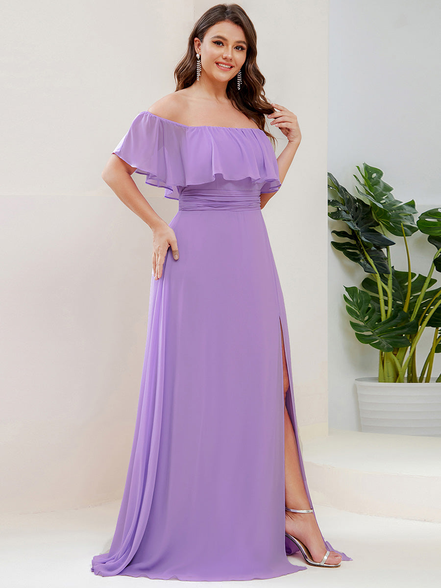 Plus Size Off the Shoulder Formal Bridesmaid Dress with Thigh Split #color_Lavender
