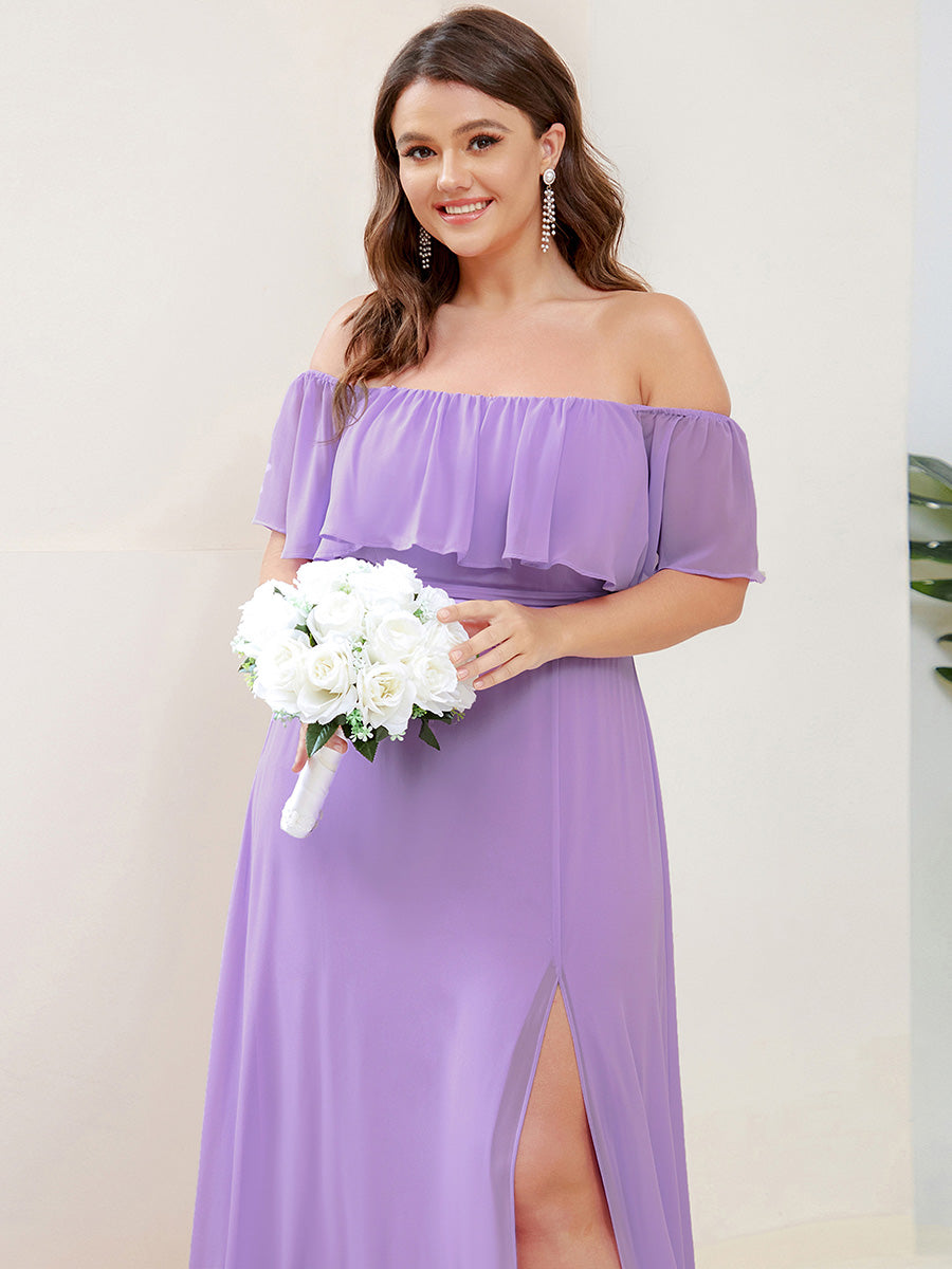Plus Size Off the Shoulder Formal Bridesmaid Dress with Thigh Split #color_Lavender