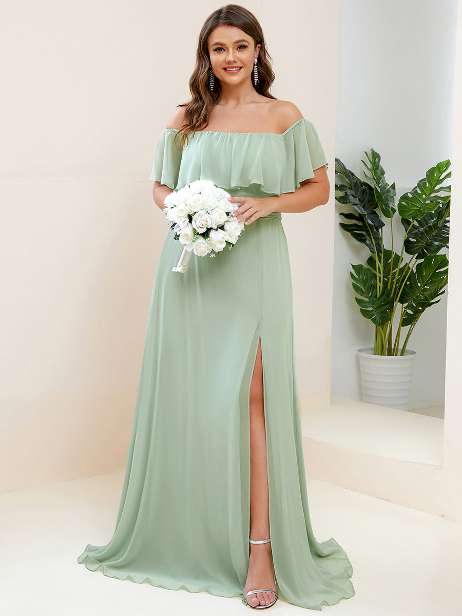 Plus Size Off the Shoulder Formal Bridesmaid Dress with Thigh Split #color_Mint Green