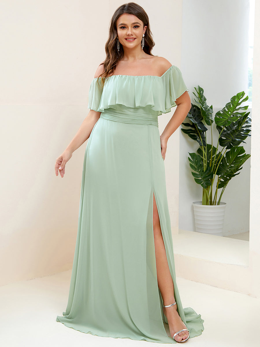 Plus Size Off the Shoulder Formal Bridesmaid Dress with Thigh Split #color_Mint Green