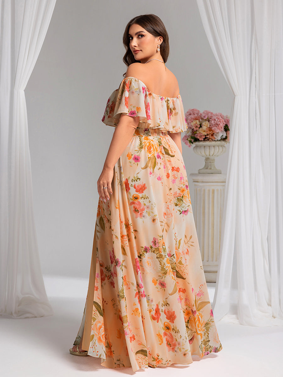 Plus Size Off the Shoulder Formal Bridesmaid Dress with Thigh Split #color_Peach Fuzz