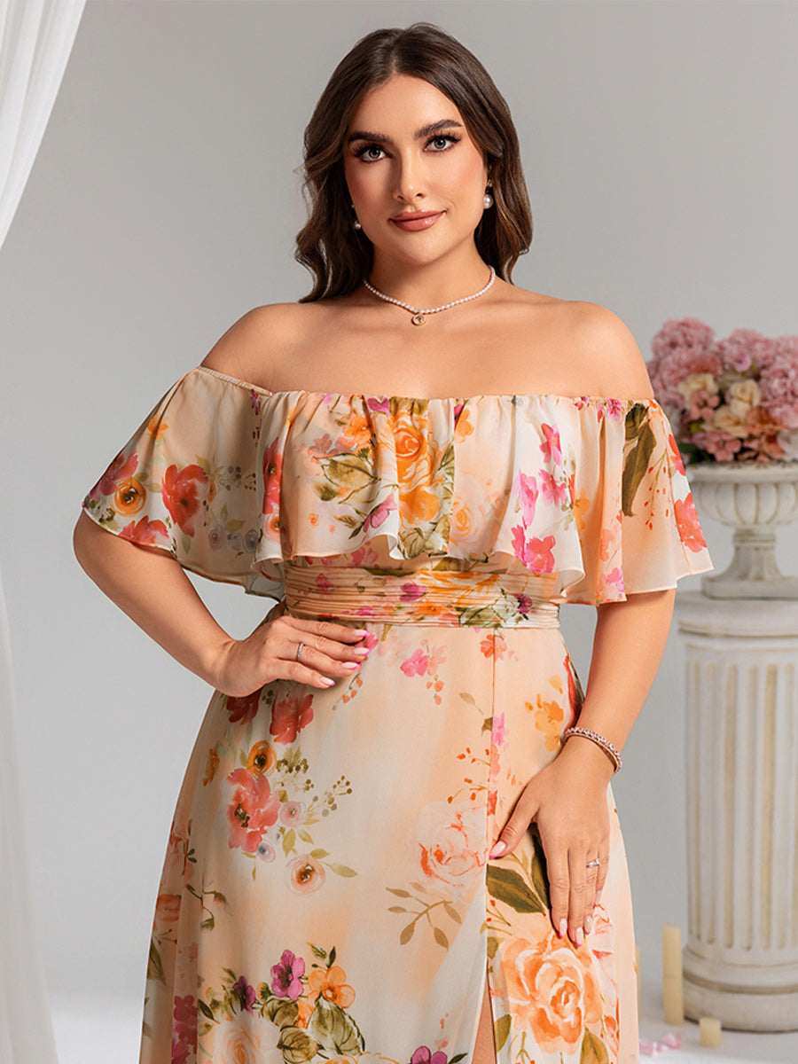 Plus Size Off the Shoulder Formal Bridesmaid Dress with Thigh Split #color_Peach Fuzz