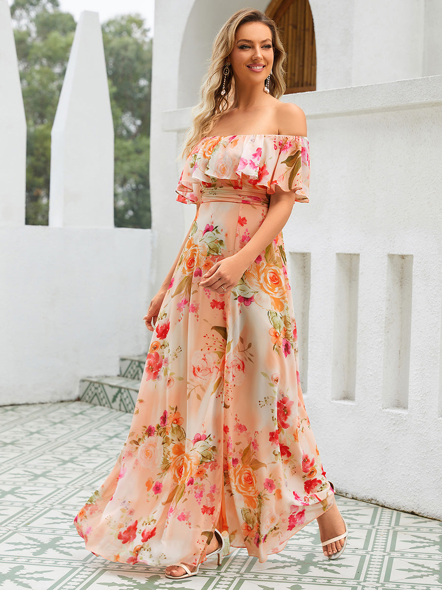 Ever-Pretty Plus Size Off the Shoulder Chiffon Budget Bridesmaid Dress with Thigh Split