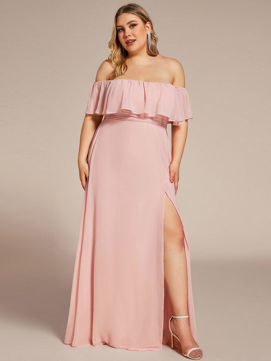 Plus Size Off the Shoulder Formal Bridesmaid Dress with Thigh Split #color_Pink 