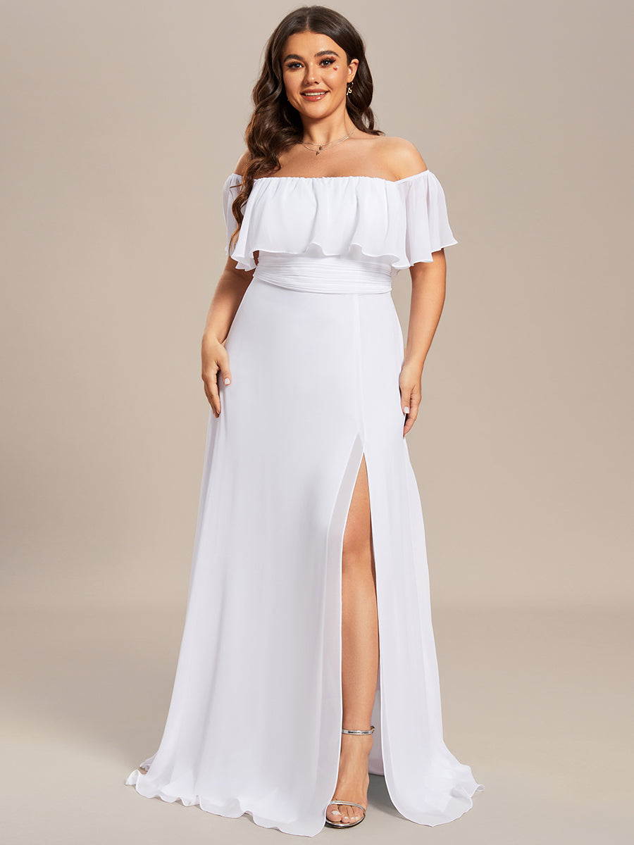 Plus Size Off the Shoulder Formal Bridesmaid Dress with Thigh Split #color_White