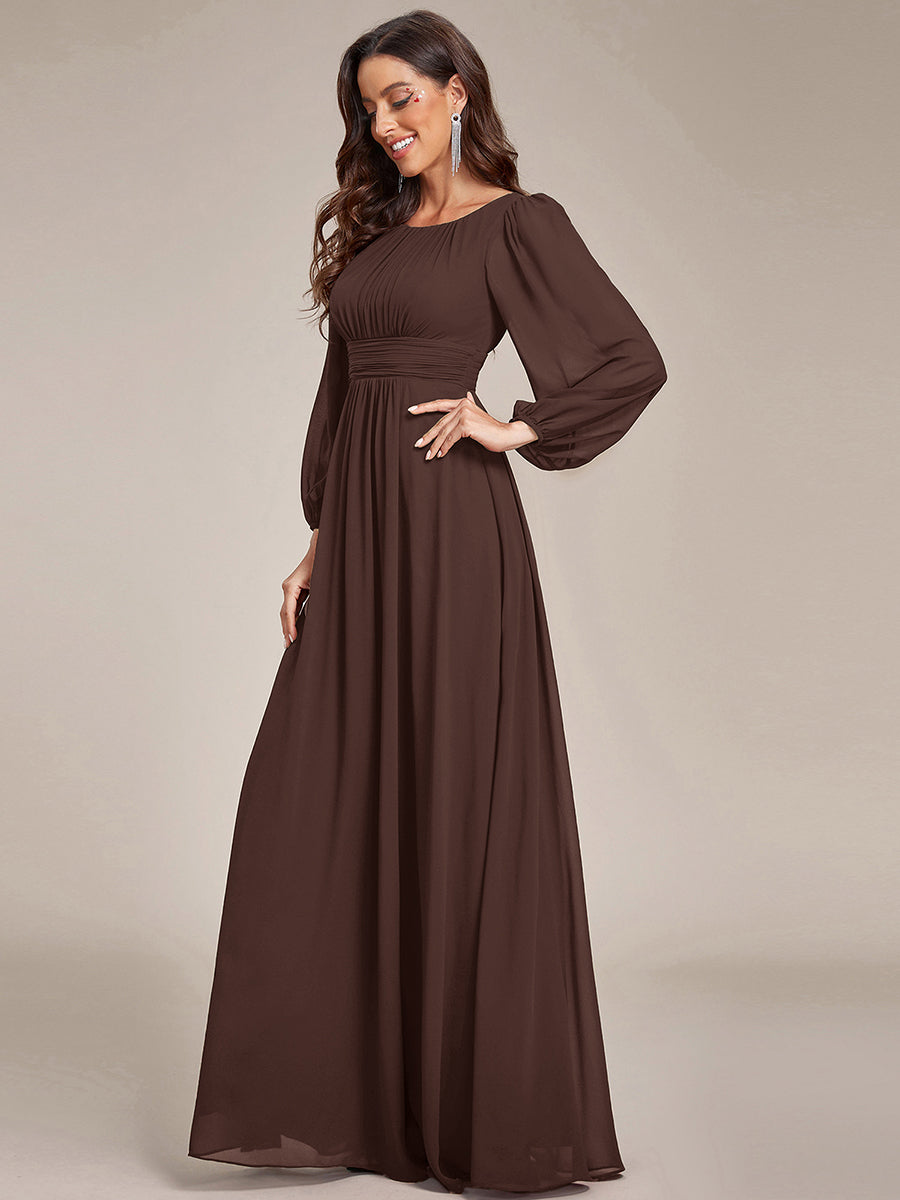 Chiffon Long Sleeve A-Line Round Neckline Formal Dress #color_Chocolate brown