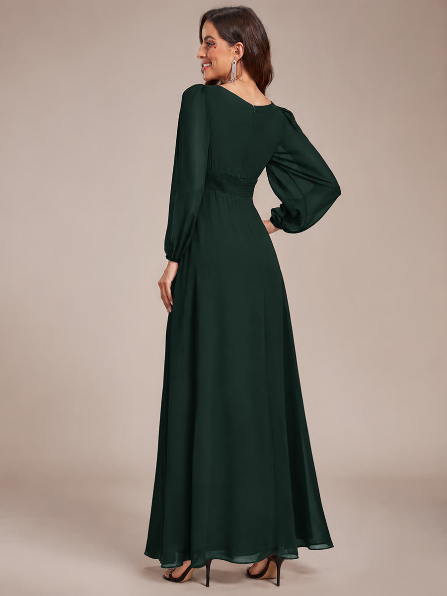 Chiffon Long Sleeve A-Line Round Neckline Formal Dress #color_Dark Forest Green