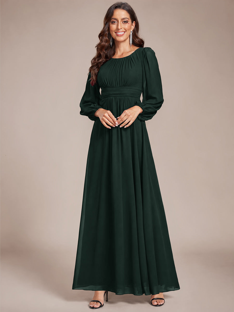 Chiffon Long Sleeve A-Line Round Neckline Formal Dress #color_Dark Forest Green