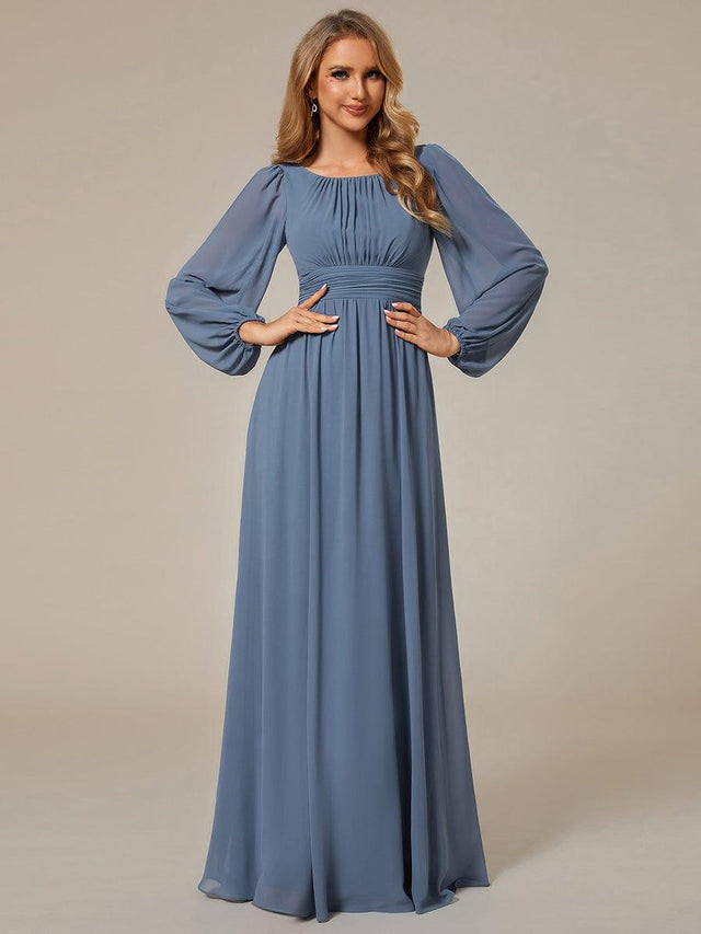 Long Sleeve Round Neckline Empire Waist Chiffon Formal Dress