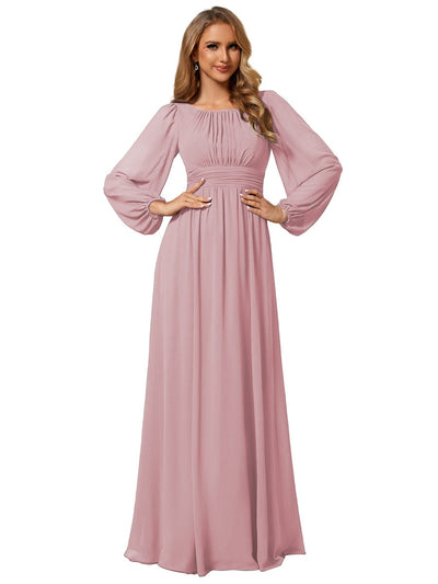 Chiffon Long Sleeve A-Line Round Neckline Formal Dress #color_Dusty Rose